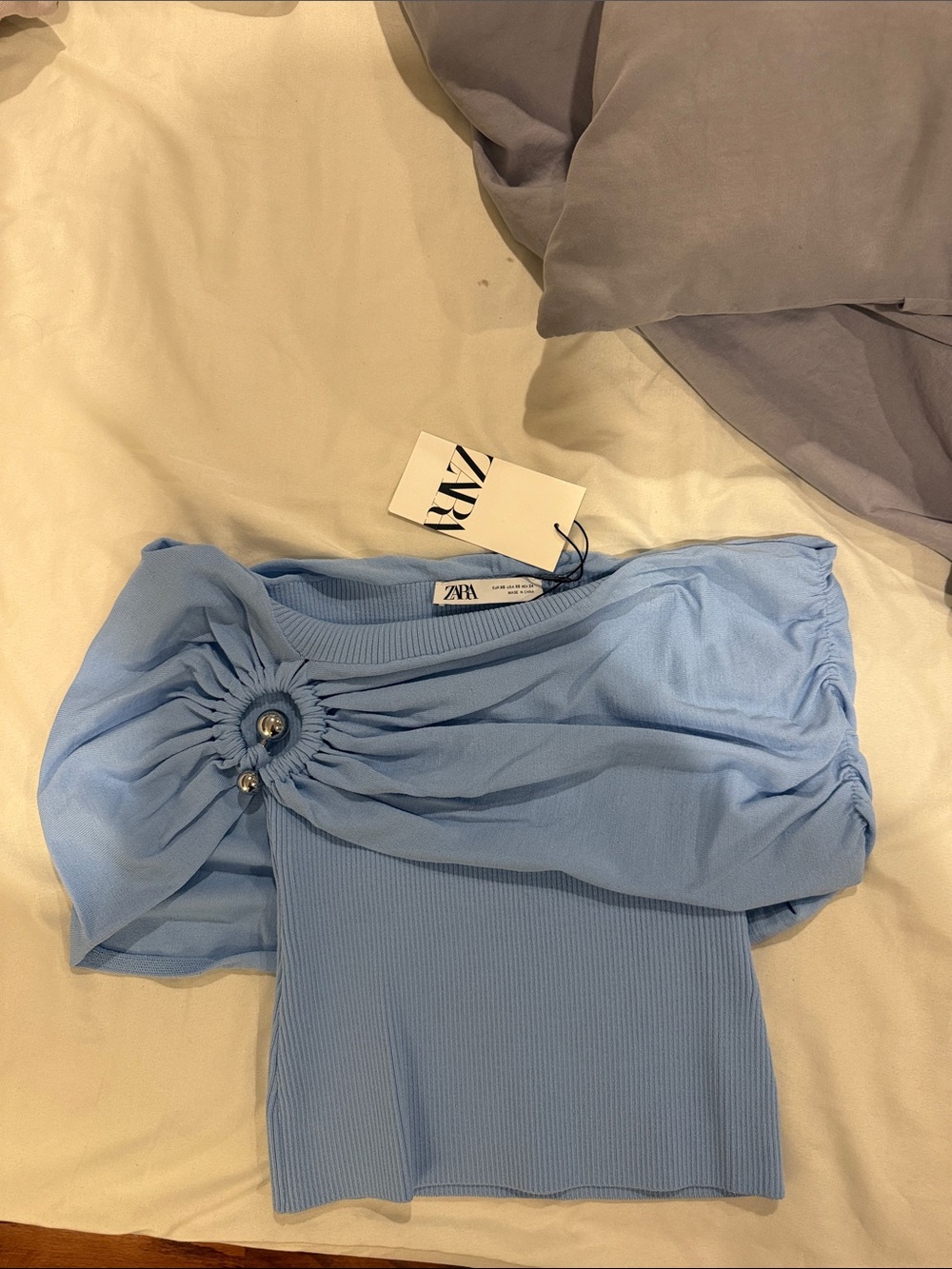 ZARA Pale Blue Ruched Off-Shoulder Crop Top